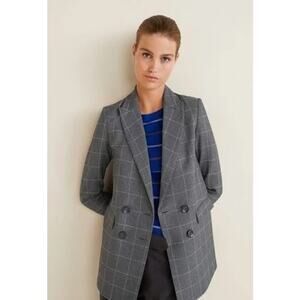Mango Double Breasted Blazer Plaid Grey
